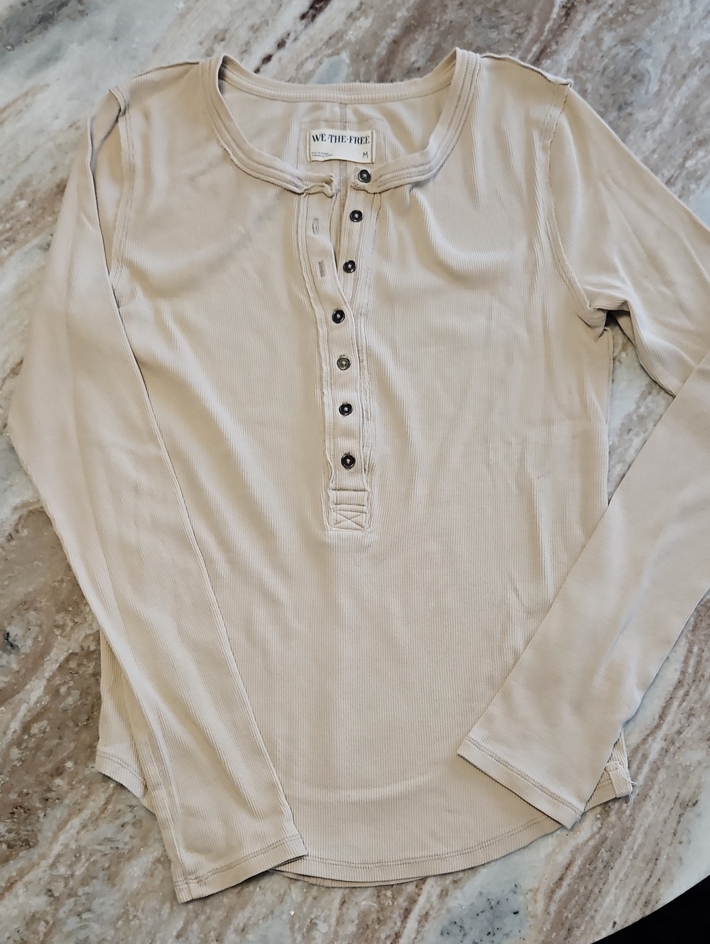 We The Free Cream Ribbed Henley Long Sleeve Top